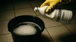 Flacone di candeggina e straccio su un pavimento in piastrelle pulito