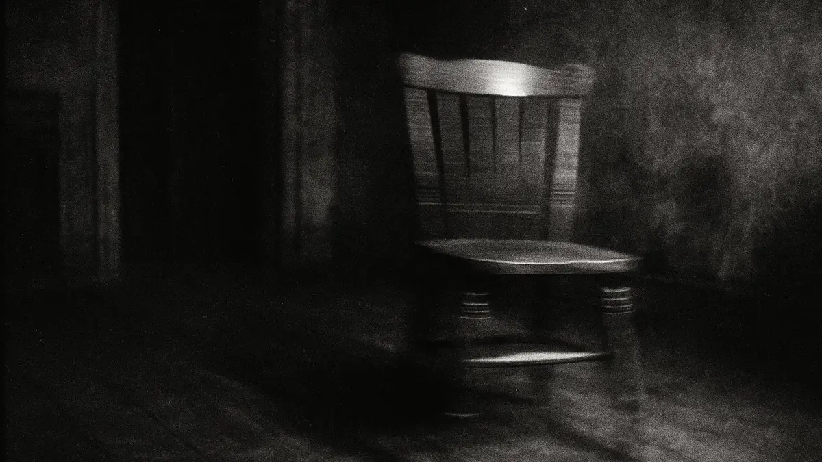 Fotografia sgranata di una sedia che si muove da sola in una stanza