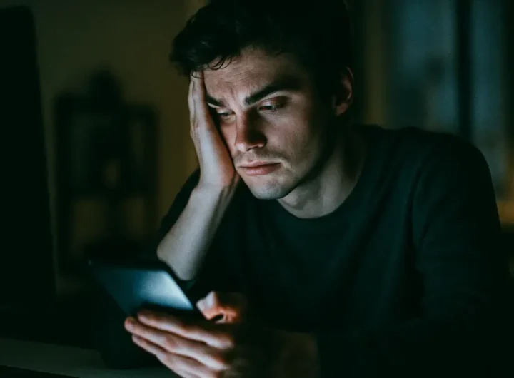 Giovane adulto che guarda uno schermo affollato di notifiche