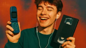 Giovane della Generazione Z sorride scattando una foto con una vecchia fotocamera digitale compatta in stile anni 90