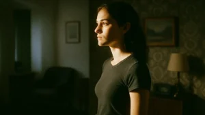 Giovane donna che guarda fuori da una finestra