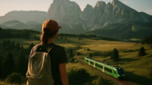 Giovane escursionista osserva un moderno treno verde nella valle