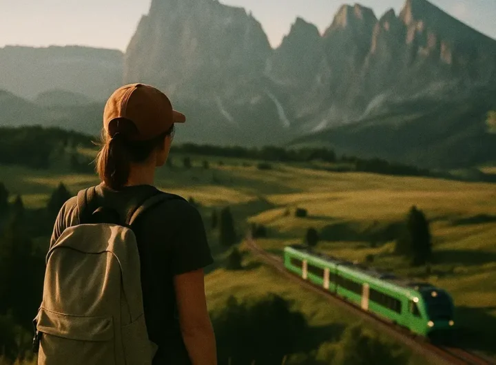 Giovane escursionista osserva un moderno treno verde nella valle