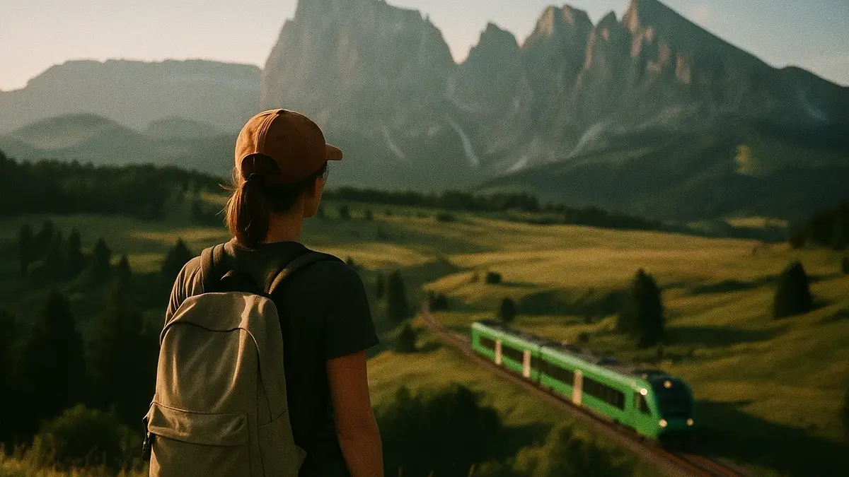 Giovane escursionista osserva un moderno treno verde nella valle