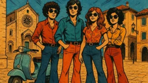 Giovani italiani degli anni 70 con abiti psichedelici