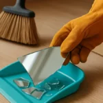 Guanti protettivi e scopa che raccolgono grandi pezzi rotti di uno specchio caduto