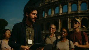 Guida turistica italiana che accompagna un gruppo di turisti davanti al Colosseo
