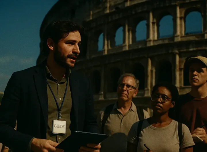 Guida turistica italiana che accompagna un gruppo di turisti davanti al Colosseo