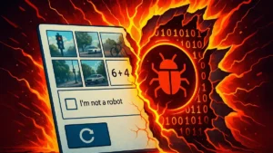 Icona di un Captcha con un lucchetto rotto e un virus stilizzato che fuoriesce