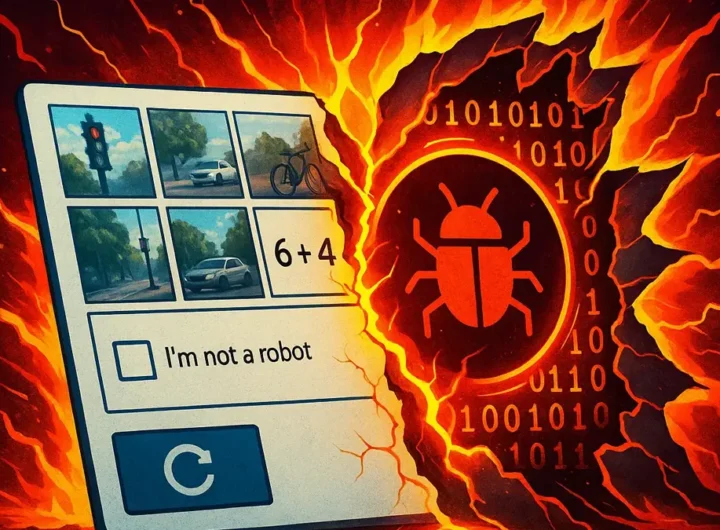 Icona di un Captcha con un lucchetto rotto e un virus stilizzato che fuoriesce