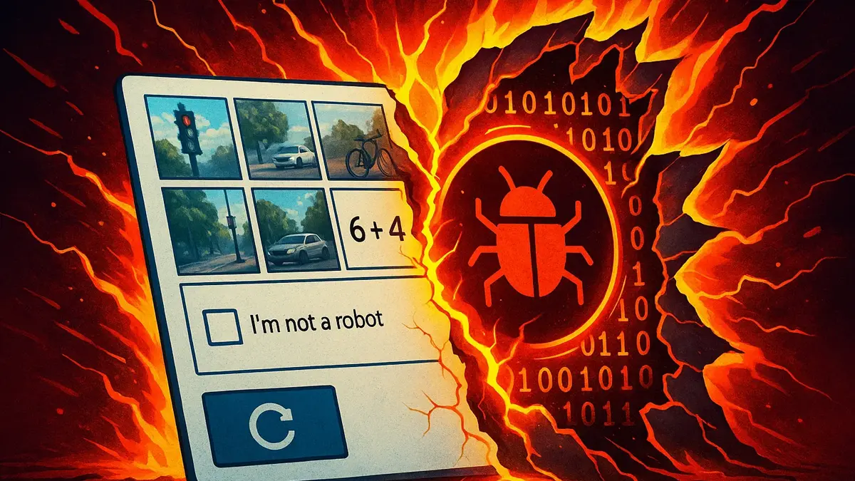 Icona di un Captcha con un lucchetto rotto e un virus stilizzato che fuoriesce