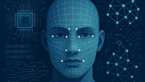 Illustrazione concettuale del riconoscimento facciale con volto umano