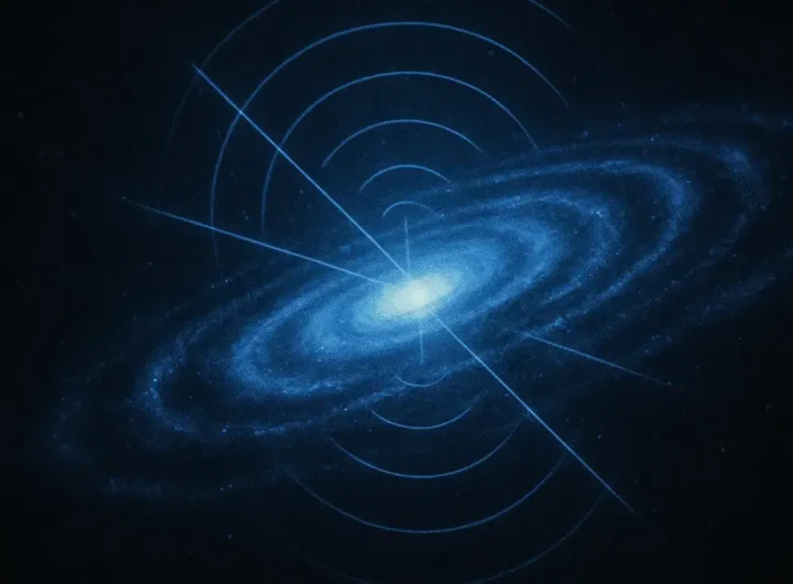 Illustrazione concettuale di una galassia a spirale con forti emissioni radio concentrate in punti brillanti