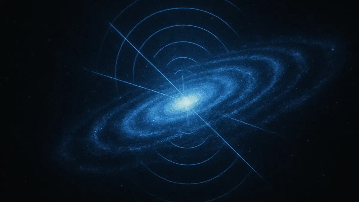 Illustrazione concettuale di una galassia a spirale con forti emissioni radio concentrate in punti brillanti