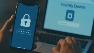 Illustrazione di una persona che guarda uno smartphone con un lucchetto digitale sullo schermo