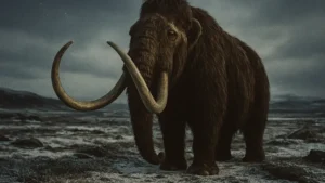 Illustrazione realistica di un mammut lanoso in un paesaggio innevato