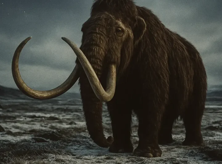 Illustrazione realistica di un mammut lanoso in un paesaggio innevato