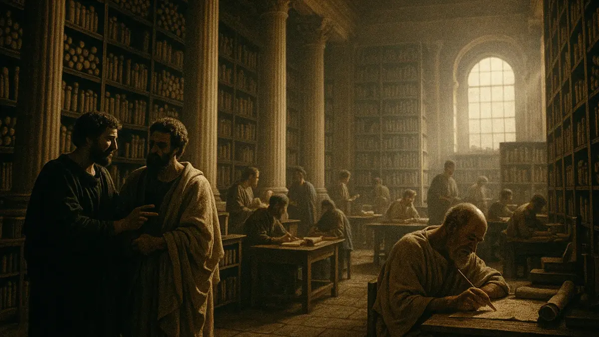 Illustrazione storica della Biblioteca di Alessandria con rotoli