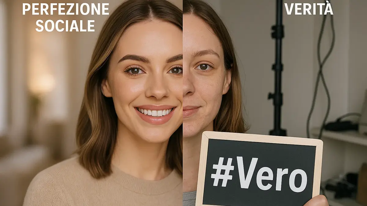 Influencer sorridente diviso tra immagine filtrata e aspetto autentico