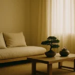 Interni in stile Zen soggiorno minimalista con luce naturale soffusa