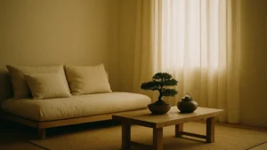 Interni in stile Zen soggiorno minimalista con luce naturale soffusa