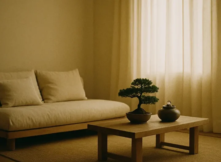 Interni in stile Zen soggiorno minimalista con luce naturale soffusa