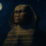 La Grande Sfinge di Giza con tracce di pigmento rosso e la costellazione del Leone sullo sfondo