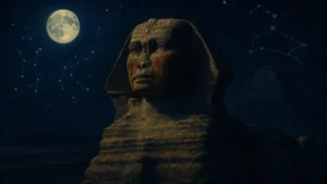 La Grande Sfinge di Giza con tracce di pigmento rosso e la costellazione del Leone sullo sfondo