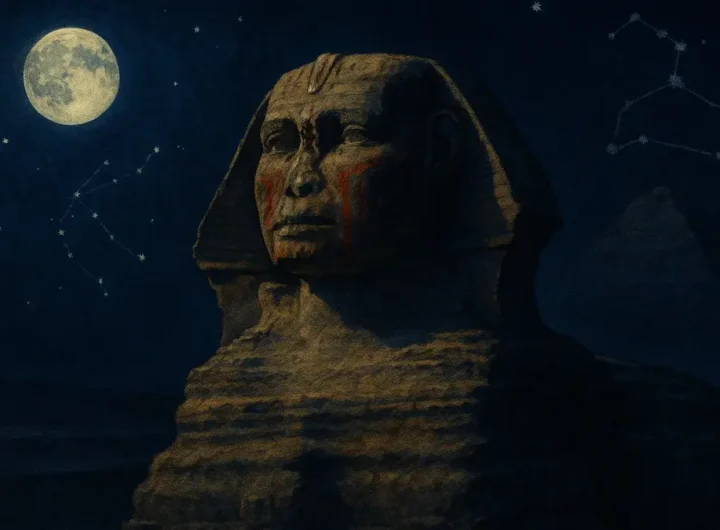 La Grande Sfinge di Giza con tracce di pigmento rosso e la costellazione del Leone sullo sfondo