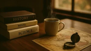 Libri impilati su una scrivania con una tazza di caffè e una mappa