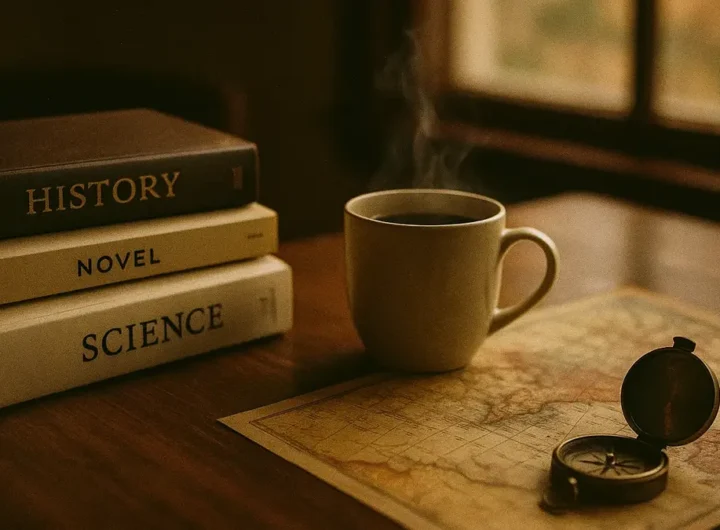 Libri impilati su una scrivania con una tazza di caffè e una mappa