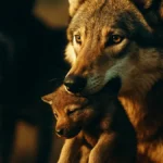 Mamma lupa che trasporta un cucciolo in bocca