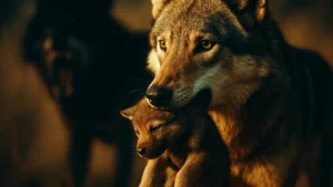 Mamma lupa che trasporta un cucciolo in bocca