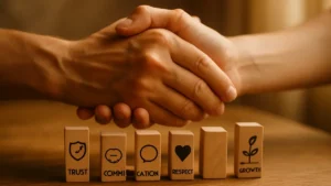 Mani intrecciate sopra 7 pilastri simbolici