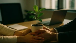 Mani unite che tengono una piccola pianta verde su una scrivania