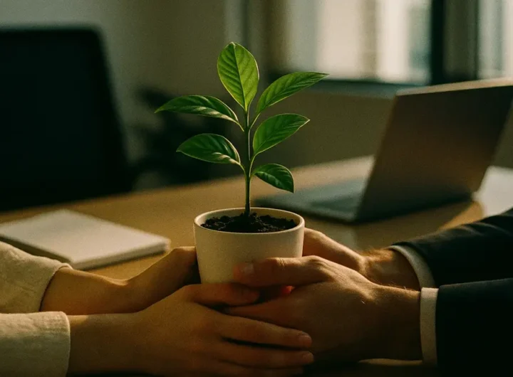 Mani unite che tengono una piccola pianta verde su una scrivania