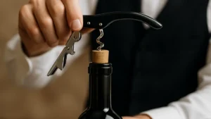 Mano che usa un cavatappi da sommelier a doppia leva per estrarre delicatamente un tappo di sughero