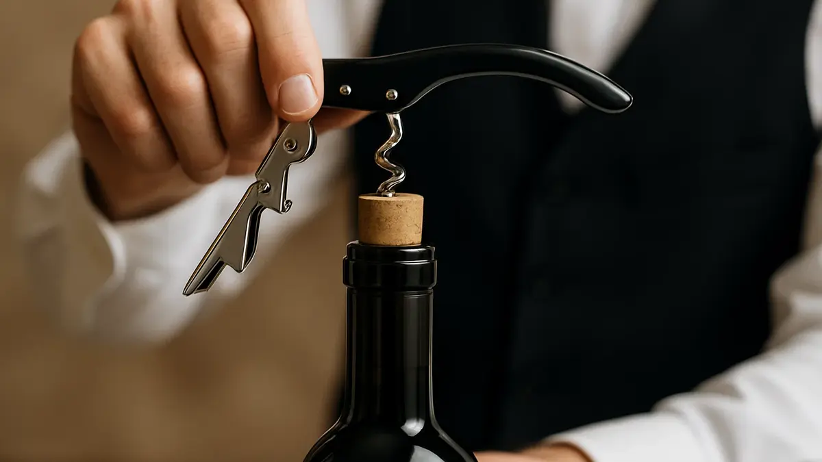 Mano che usa un cavatappi da sommelier a doppia leva per estrarre delicatamente un tappo di sughero