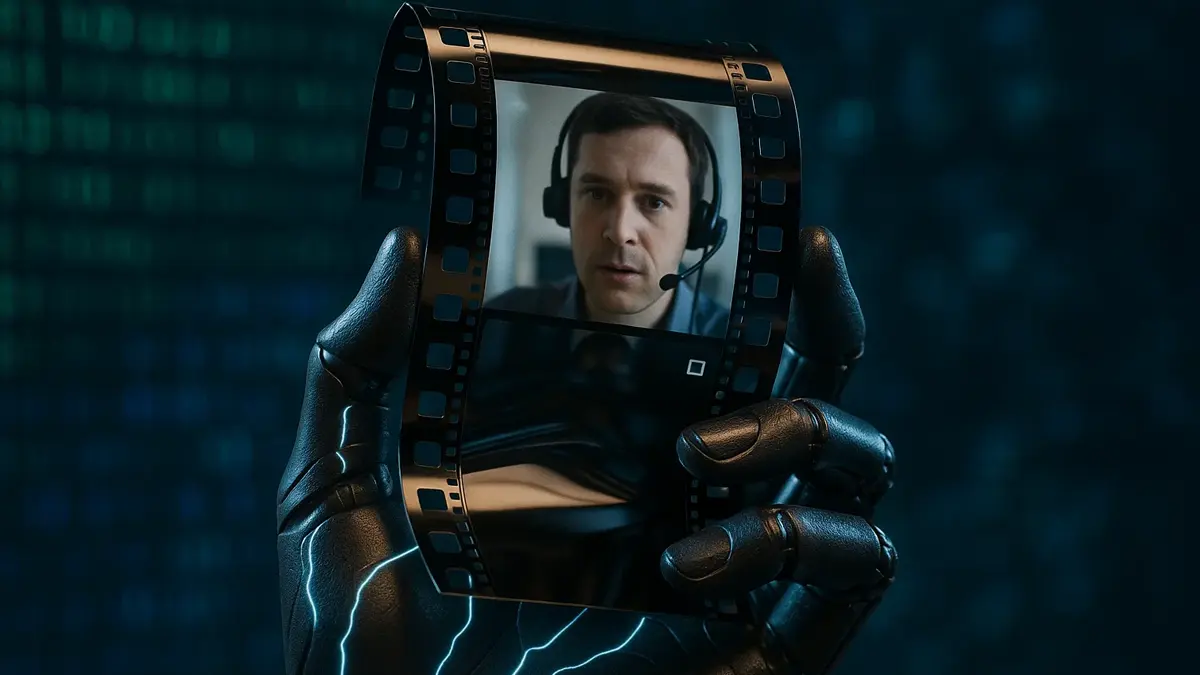 Mano robotica AI che tiene una pellicola video deepfake