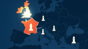 Mappa Europa con bandiere Francia e Regno Unito evidenziate come potenze nucleari