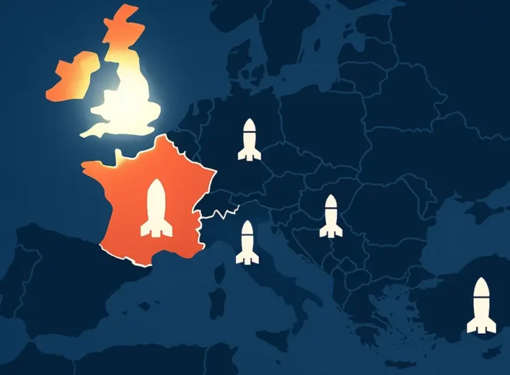 Mappa Europa con bandiere Francia e Regno Unito evidenziate come potenze nucleari