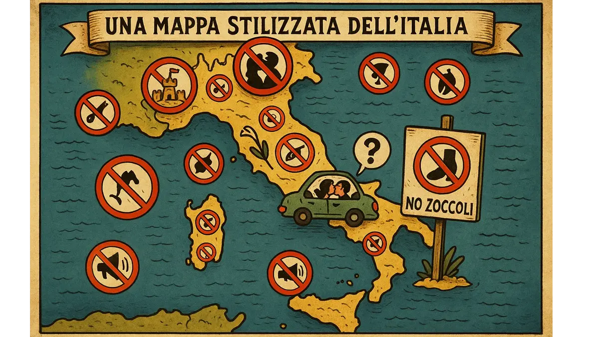 Mappa Italia con simboli umoristici divieti assurdi