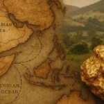 Mappa antica con simboli astronomici e una pepita oro in primo piano