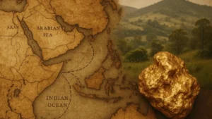 Mappa antica con simboli astronomici e una pepita oro in primo piano