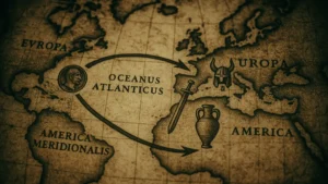 Mappa antica e stilizzata con rotte oceaniche che collegano Europa al Nord e Sud America