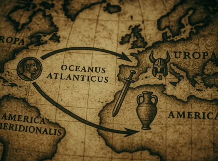 Mappa antica e stilizzata con rotte oceaniche che collegano Europa al Nord e Sud America