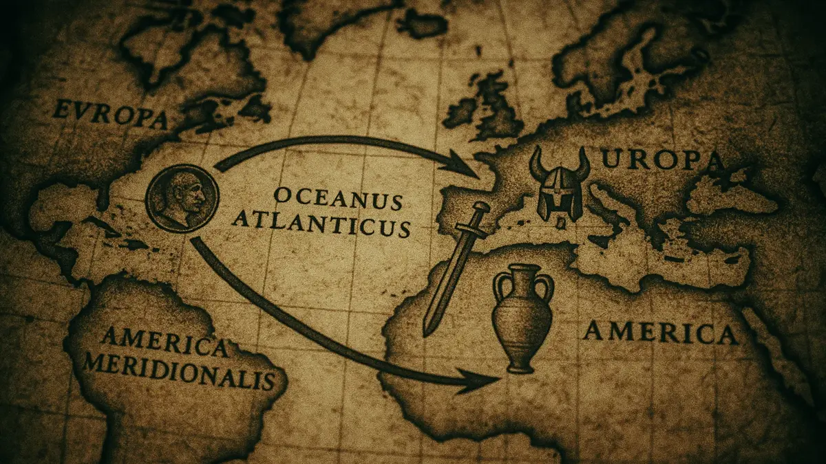 Mappa antica e stilizzata con rotte oceaniche che collegano Europa al Nord e Sud America