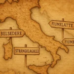 Mappa stilizzata dell'Italia con puntatori che indicano città dai nomi curiosi