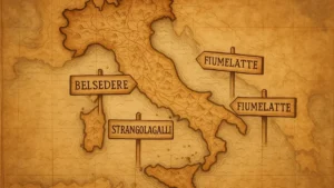 Mappa stilizzata dell'Italia con puntatori che indicano città dai nomi curiosi