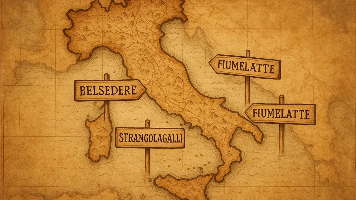 Mappa stilizzata dell'Italia con puntatori che indicano città dai nomi curiosi